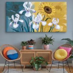 30 by 60 blue iris and yellow sunflower floral artwork canvas wall hanging