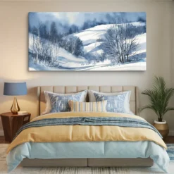extra large soothing blue and white winter landscape canvas wall art for bedroom