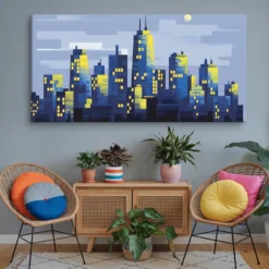 Large Modern Blue and Yellow Skyline Canvas Print - Image 7