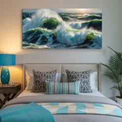 30 by 60 XXL turquoise waves wall art for modern cozy bedroom