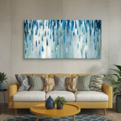 30" x 60" XXL abstract blue rain drops canvas artwork modern living room