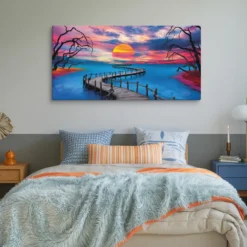 30 by 60 inch extra large vivid blue and orange landscape for bedroom