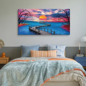 30 by 60 inch extra large vivid blue and orange landscape for bedroom