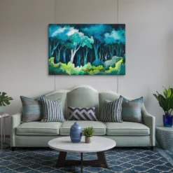 32 by 48 canvas blue and green forest wall hanging