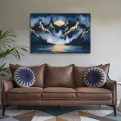 Navy Blue and Gold Abstract Landscape Wall Art - Image 3