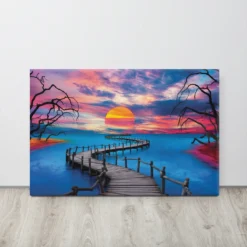 Large Vivid Blue-Orange Landscape with Sunset Canvas Art - Image 4