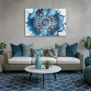 32 by 48 white and blue mandala canvas art for living room