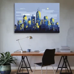 Home office wall art — abstract skyline canvas print above a styled desk setup for video call backdrop