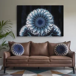 Extra large dark blue and silver sunflower canvas wall art modern living room