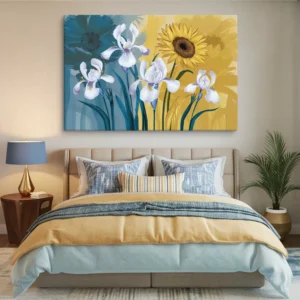 extra large blue iris and yellow sunflower canvas bedroom wall art