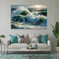 40 by 60 Turquoise Waves on Beach Wall Art for living room- extra large