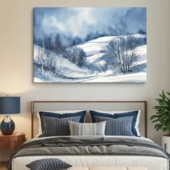 Blue and White Winter Landscape Large Canvas Print - Image 5