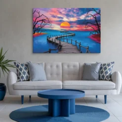 40 by 60 inch Canvas XXL vivid blue orange landscape wall hanging for living room