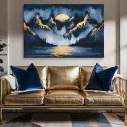 40" by 60" blue and gold landscape extra large wall decor for a modern living room