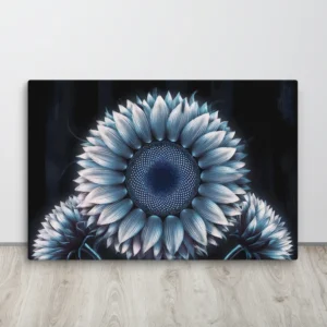 Large Dark Blue and Silver Sunflower Canvas Wall Art