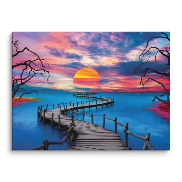 Large vivid blue and orange landscape-sunset canvas art for living room