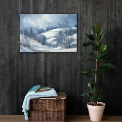 Blue and White Winter Landscape Large Canvas Print - Image 7