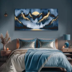 Extra large navy blue and gold landscape wall art for a contemporary bedroom