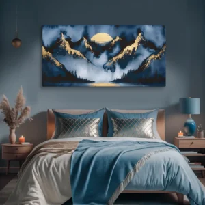 Extra large navy blue and gold landscape wall art for a contemporary bedroom