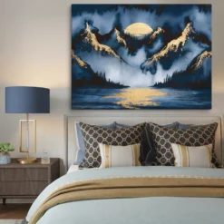 Navy Blue and Gold Abstract Landscape Wall Art - Image 5