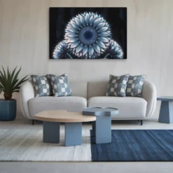 Large Dark Blue and Silver Sunflower Canvas Wall Art - Image 8