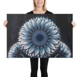 Large Dark Blue and Silver Sunflower Canvas Wall Art - Image 7