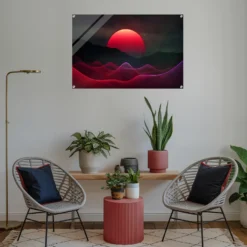Abstract sunrise acrylic print for red-themed decor