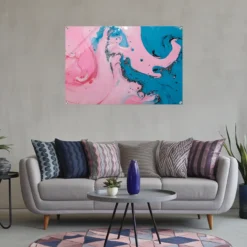 Blue-pink abstract fluid acrylic wall art for contemporary living room