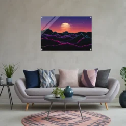 Modern sitting with cosmic synthwave acrylic wall art