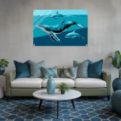 Blue teal-turquoise themed living room with whale and dolphins acrylic wall hanging