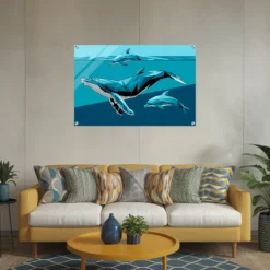 Living room showcasing whale and dolphins wall art acrylic