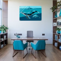 Geometric whale and dolphins sea life office wall decor