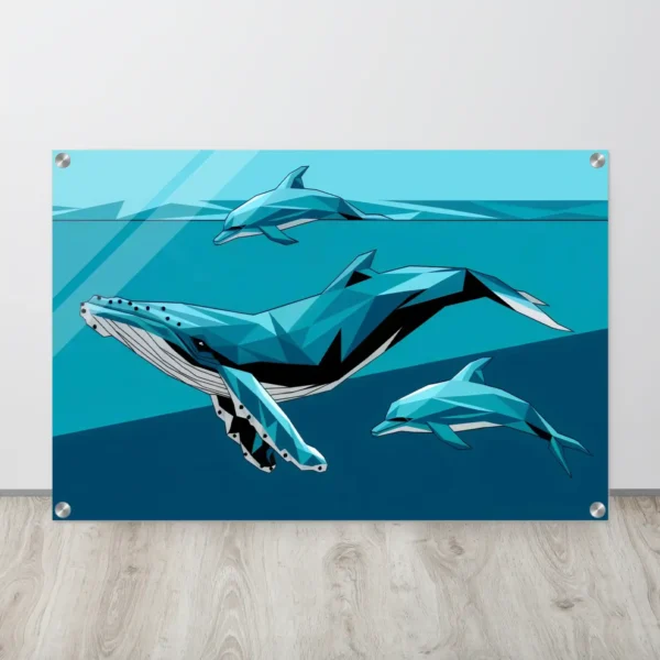 Geometric Whale and Dolphins Acrylic Wall Art Teal and Turquoise