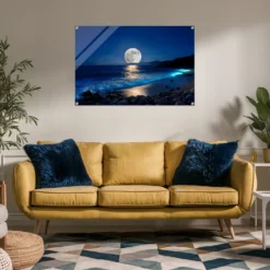 Luxurious modern living room-moonlit blue seascape wall decor