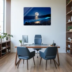 Moonlit blue seascape wall art contemporary office