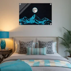 Modern Neon Blue Mountain Night Sky Acrylic Print - Image 4