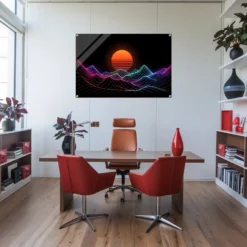 High-end office wall with acrylic neon mountain sun- hanging art