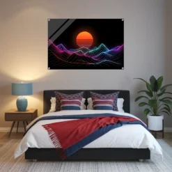 Modern bedroom displaying Neon Retro Synthwave Mountain Acrylic Wall Art Print