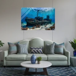 A sitting room displaying the sunlit ocean depths with shipwreck & reef acrylic print