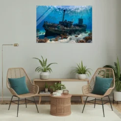 Shipwreck, coral reef and fish acrylic wall hanging