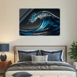 Ocean wave wall art for bedroom blue-themed