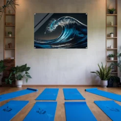 Blue themed-yoga room wall decor with ocean wave