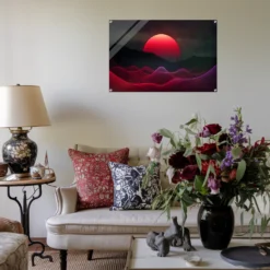 Modern living room wall art-Red Synthwave Abstract Sunrise Acrylic printt