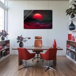 Synthwave abstract sunrise art- modern office decor red