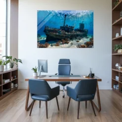Modern office wall decor with our sunlit ocean depths with shipwreck & reef acrylic print