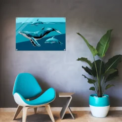 Turquoise and teal whale-dolphin acrylic wall hanging