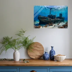 Kitchen wall showcasing underwater shipwreck and reef artwork