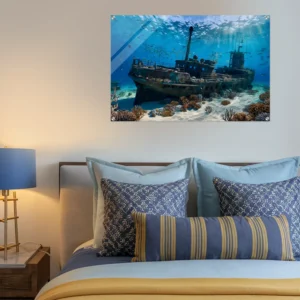 A cozy wall bedroom showcasing our sunlit ocean depths with shipwreck & reef acrylic print