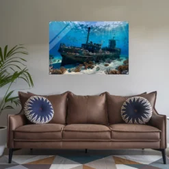 A minimalist bedroom with deep sea acrylic wall decor
