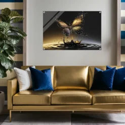 Water droplet butterfly acrylic art for Gold, Blue Black themed living room